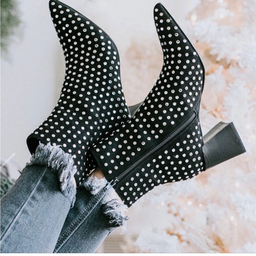Black And White Ankle Booties With Chunky Heel